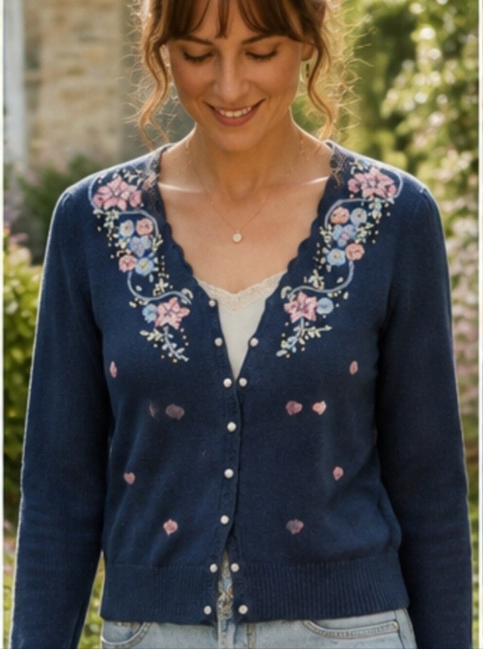 Vintage Huntington Ridge Floral Embroidered Cardigan Ramie Cotton M